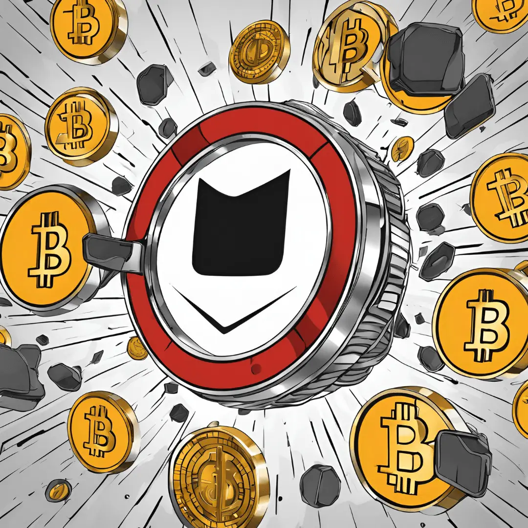 A stylized digital illustration featuring a red and silver vault lock with a black shield emblem, surrounded by gold Bitcoin coins and scattered debris. The dynamic explosion effect symbolizes cryptocurrency security, digital wealth, and financial protection