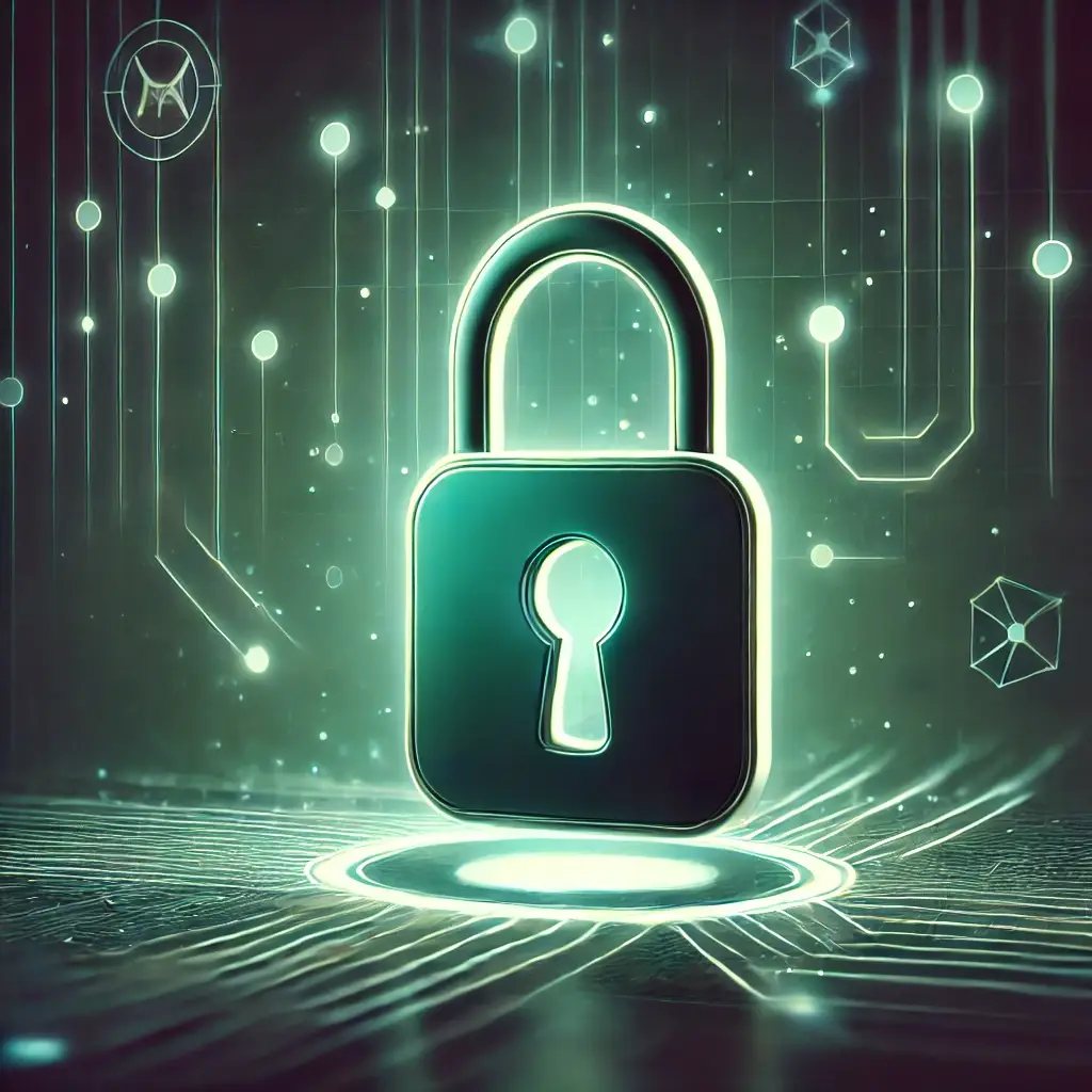 A glowing digital padlock surrounded by a futuristic, cyber-themed background with circuit lines and geometric shapes. The lock symbolizes cybersecurity, encryption, and digital protection.